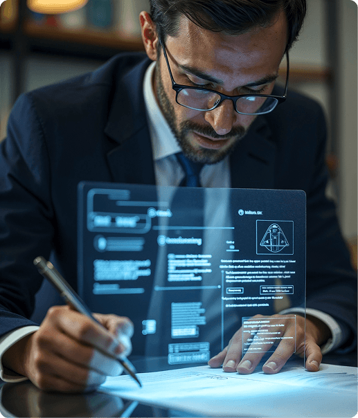 Professional reviewing an AI roadmap on a digital display